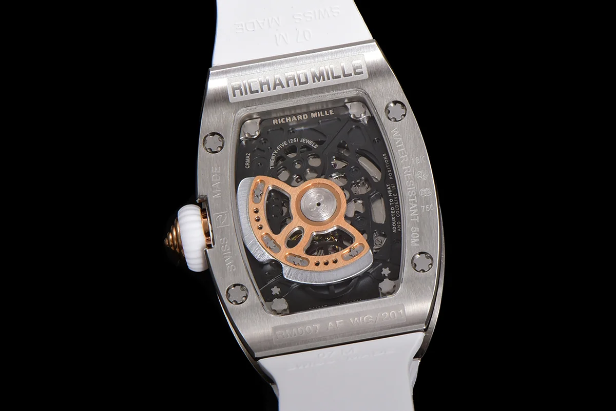 RM 007 Automatic Ladies with Diamond Bezel in Steel on White Rubber Strap
