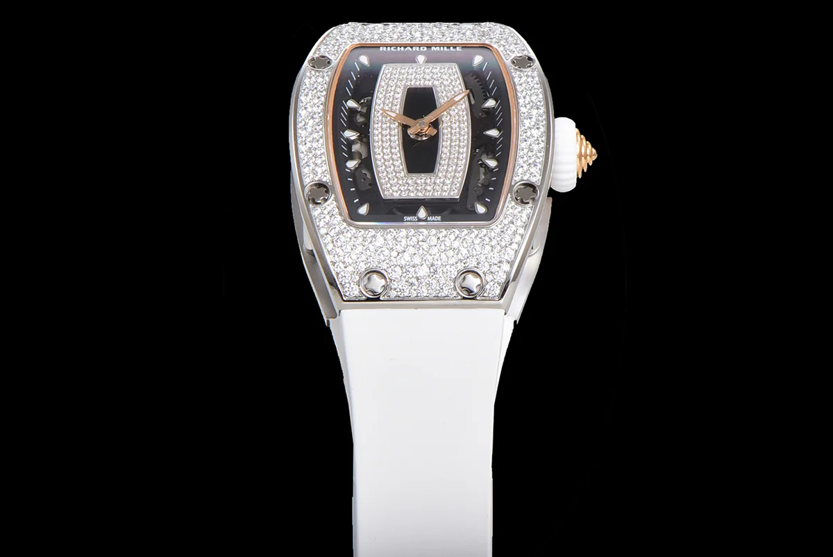 RM 007 Automatic Ladies with Diamond Bezel in Steel on White Rubber Strap