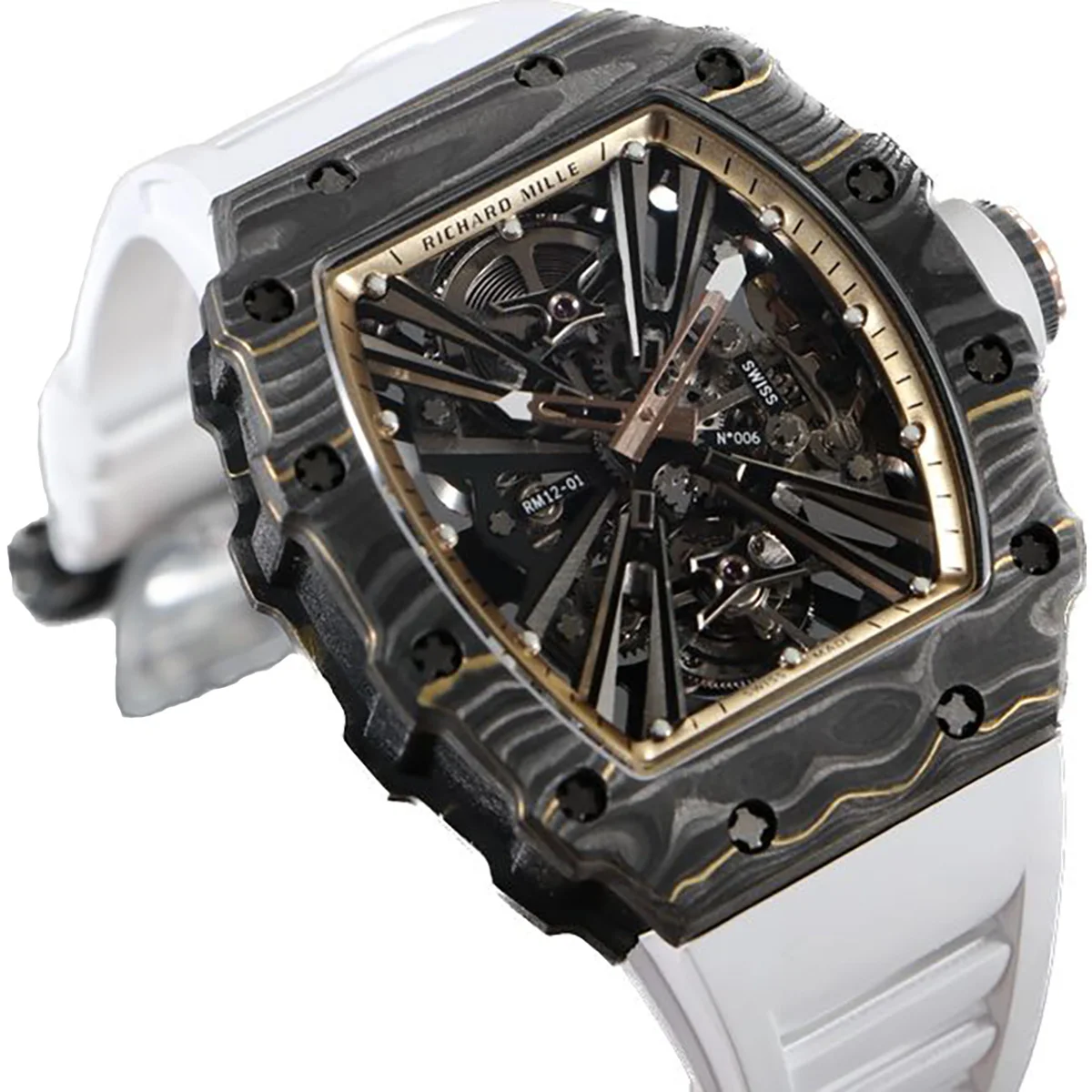 RM 012-01 Tourbillon NTPT Carbon on White Rubber Strap