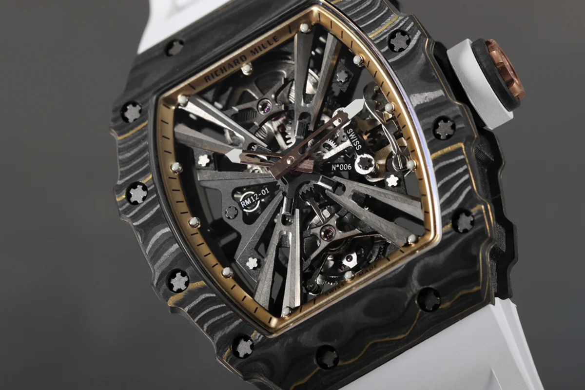 RM 012-01 Tourbillon NTPT Carbon on White Rubber Strap