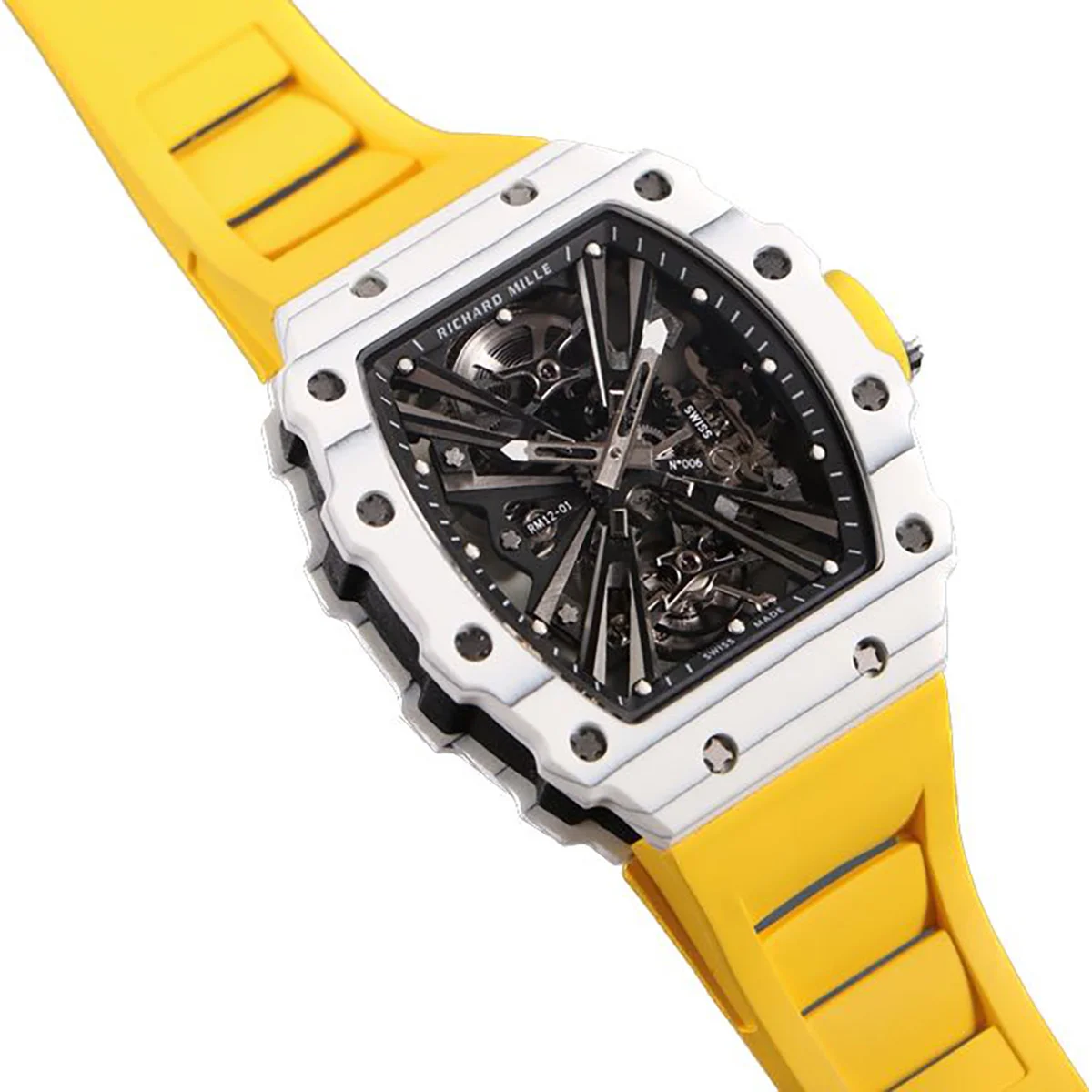 RM 012-01 Tourbillon White NTPT Carbon on Yellow Rubber Strap