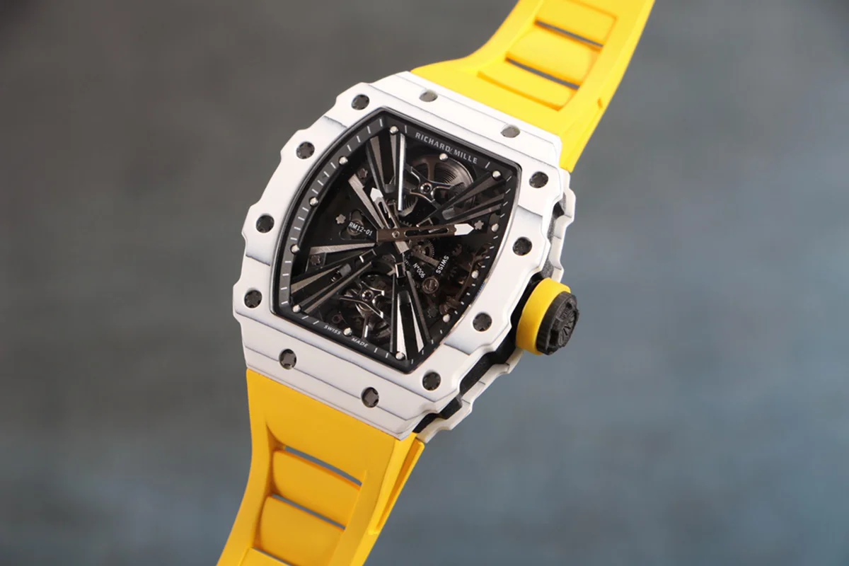 RM 012-01 Tourbillon White NTPT Carbon on Yellow Rubber Strap