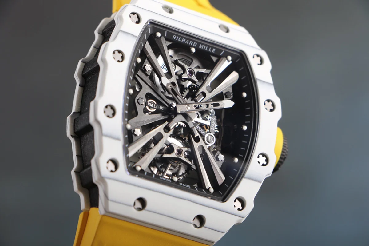 RM 012-01 Tourbillon White NTPT Carbon on Yellow Rubber Strap