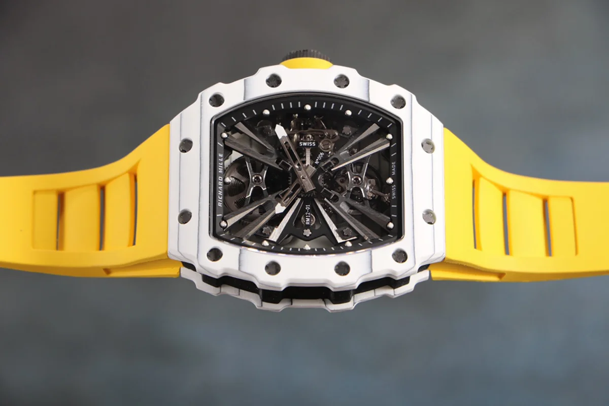 RM 012-01 Tourbillon White NTPT Carbon on Yellow Rubber Strap