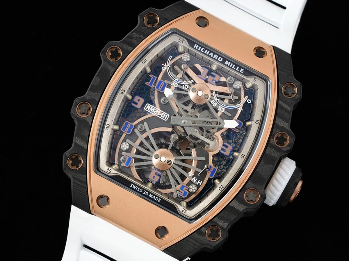 RM 021-01 Tourbillon Aerodyne in Rose Gold on White Rubber Strap