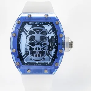 RM52-01 Blue Transparent Tourbillon MSF Best Edition Skull Dial on White Rubber Strap