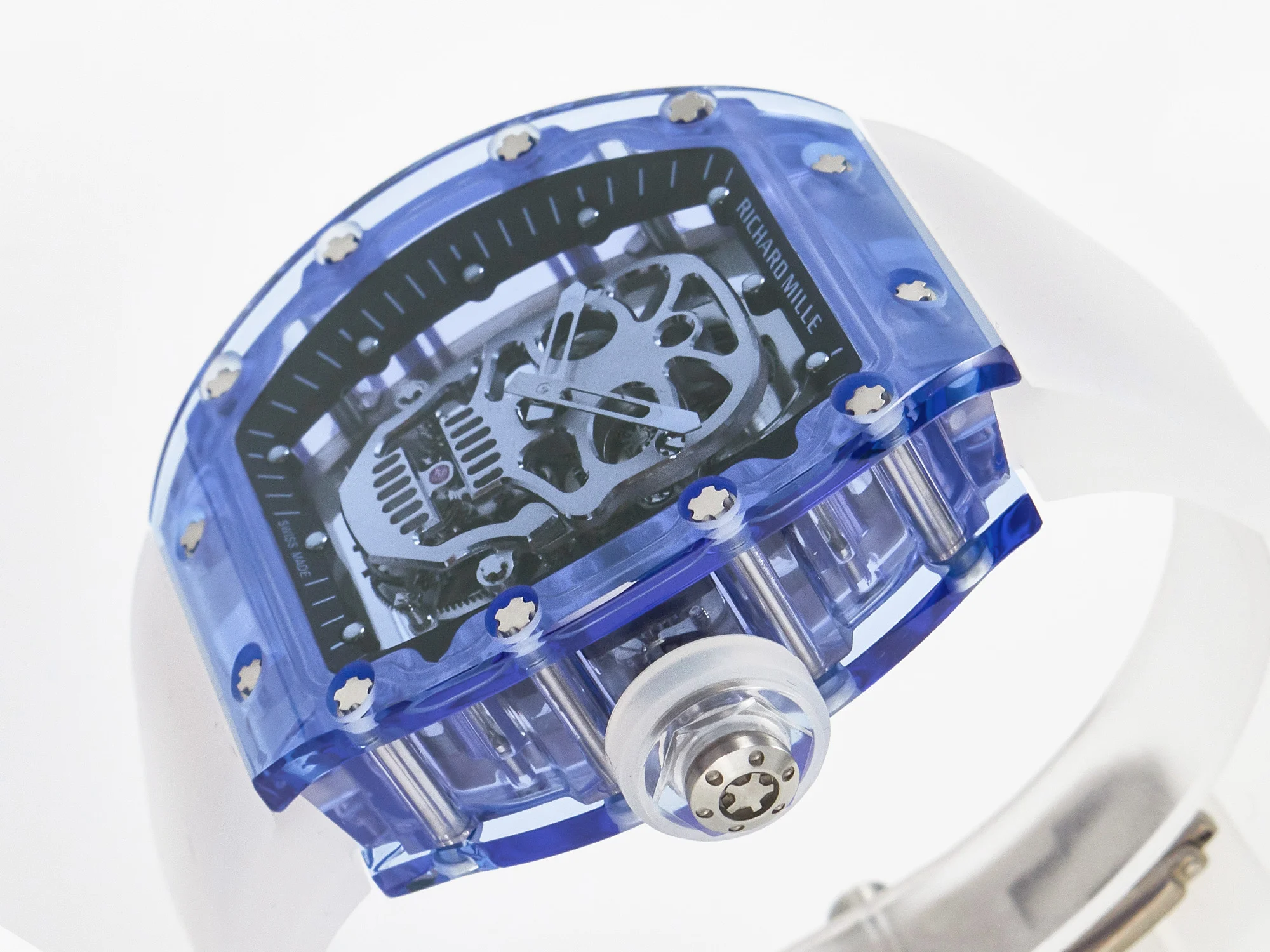 RM52-01 Blue Transparent Tourbillon MSF Best Edition Skull Dial on White Rubber Strap