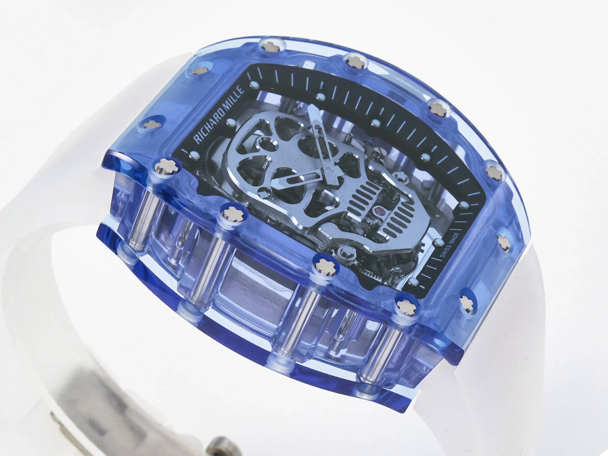 RM52-01 Blue Transparent Tourbillon MSF Best Edition Skull Dial on White Rubber Strap