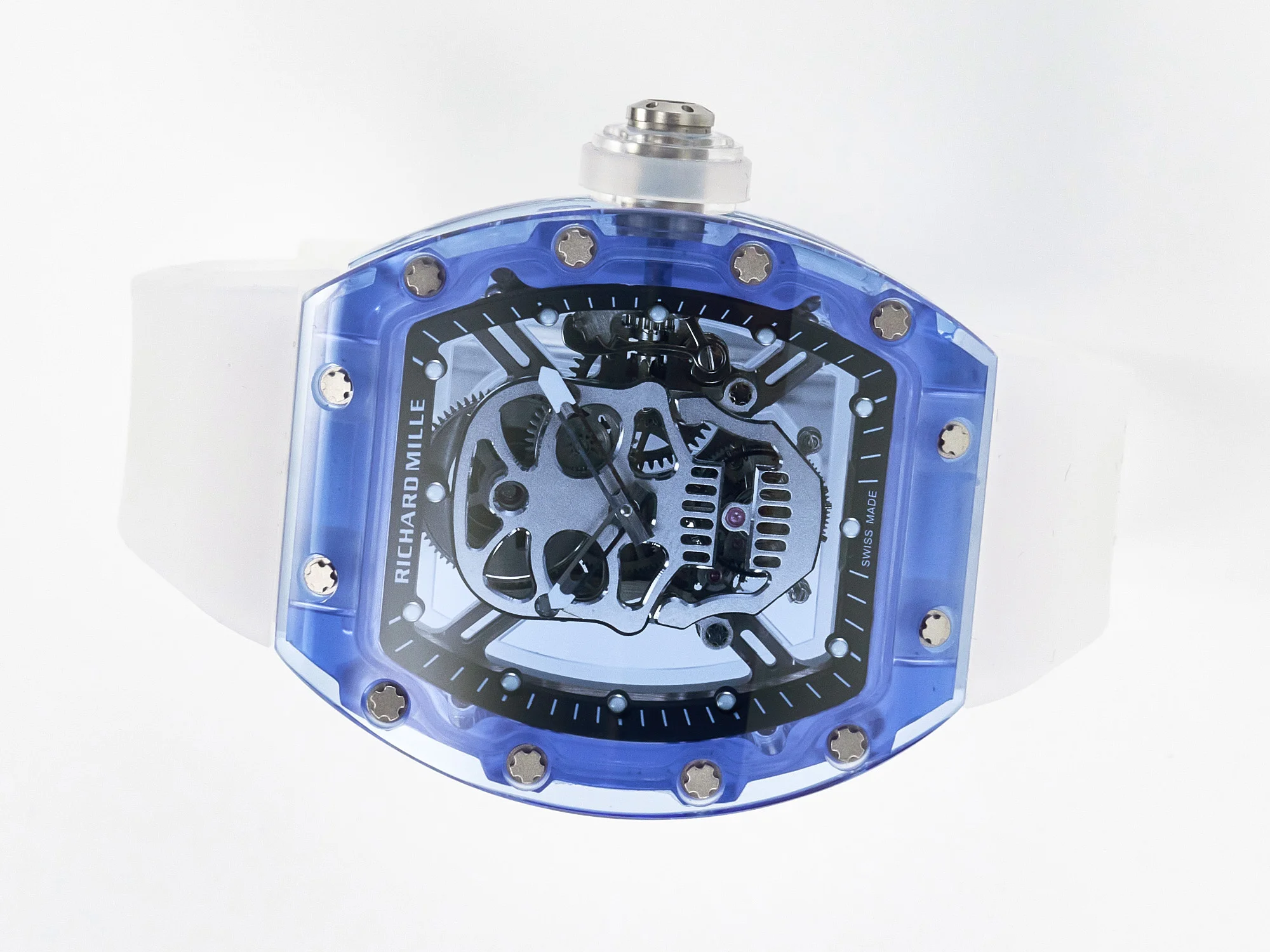 RM52-01 Blue Transparent Tourbillon MSF Best Edition Skull Dial on White Rubber Strap