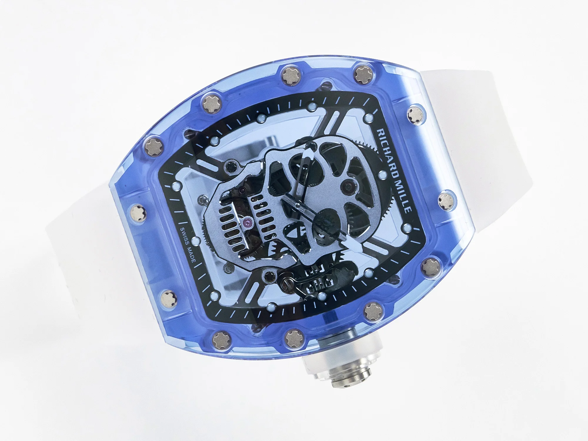 RM52-01 Blue Transparent Tourbillon MSF Best Edition Skull Dial on White Rubber Strap