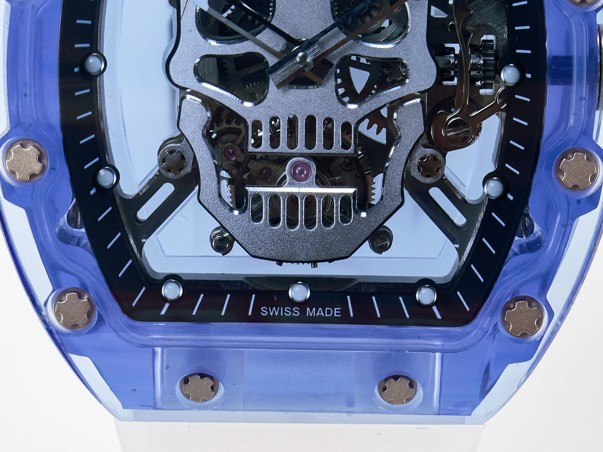 RM52-01 Blue Transparent Tourbillon MSF Best Edition Skull Dial on White Rubber Strap