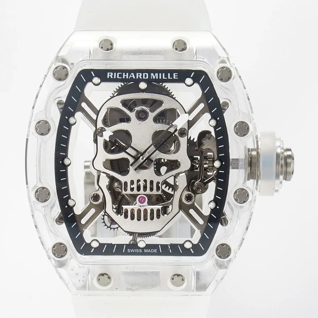 RM52-01 White Transparent Tourbillon MSF Best Edition Skull Dial on White Rubber Strap