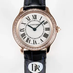 Ronde Louis Cartier 29mm RG DRF 1:1 Best Edition Sandblasted Beige Dial Diamonds Bezel on Blue Leather Strap Ronda Quartz