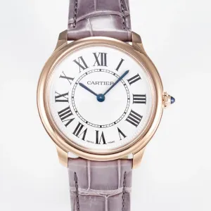 Ronde Louis Cartier 36mm RG DRF 1:1 Best Edition Sandblasted Beige Dial on Purple Leather Strap Ronda Quartz
