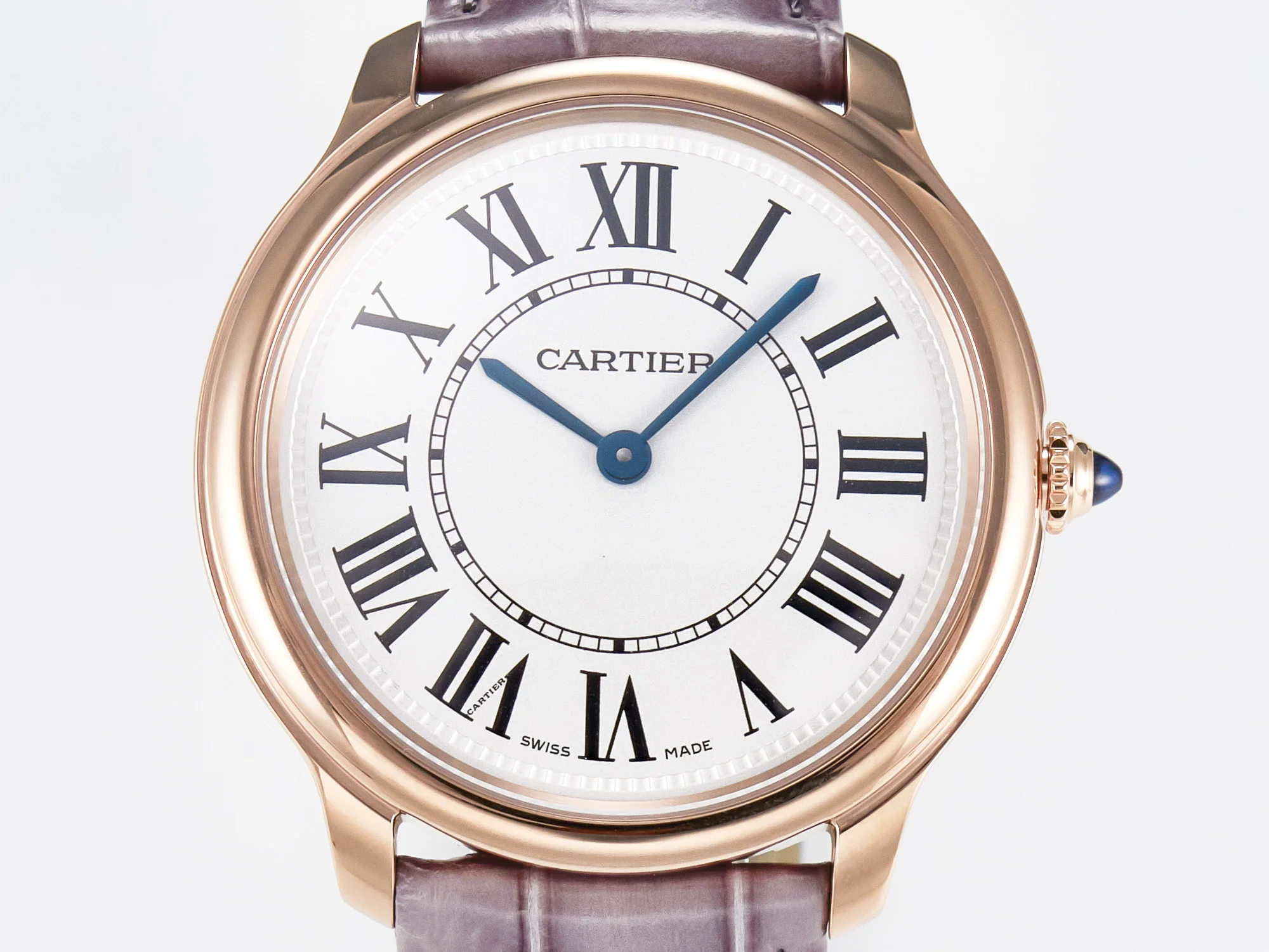 Ronde Louis Cartier 36mm RG DRF 1:1 Best Edition Sandblasted Beige Dial on Purple Leather Strap Ronda Quartz