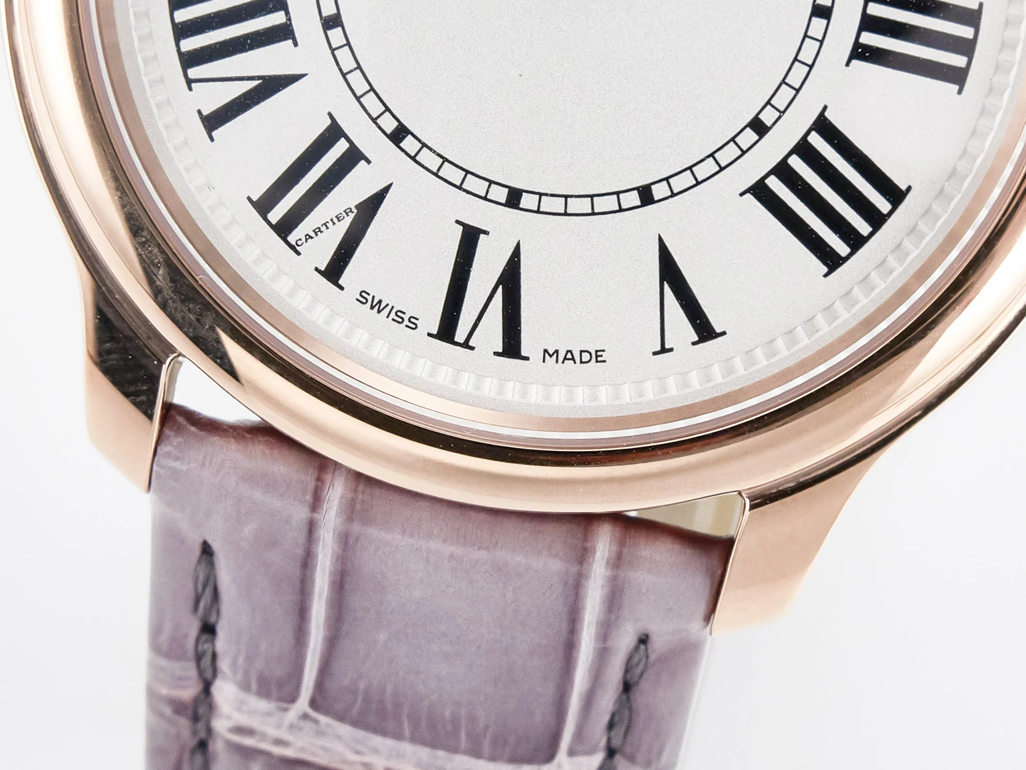 Ronde Louis Cartier 36mm RG DRF 1:1 Best Edition Sandblasted Beige Dial on Purple Leather Strap Ronda Quartz