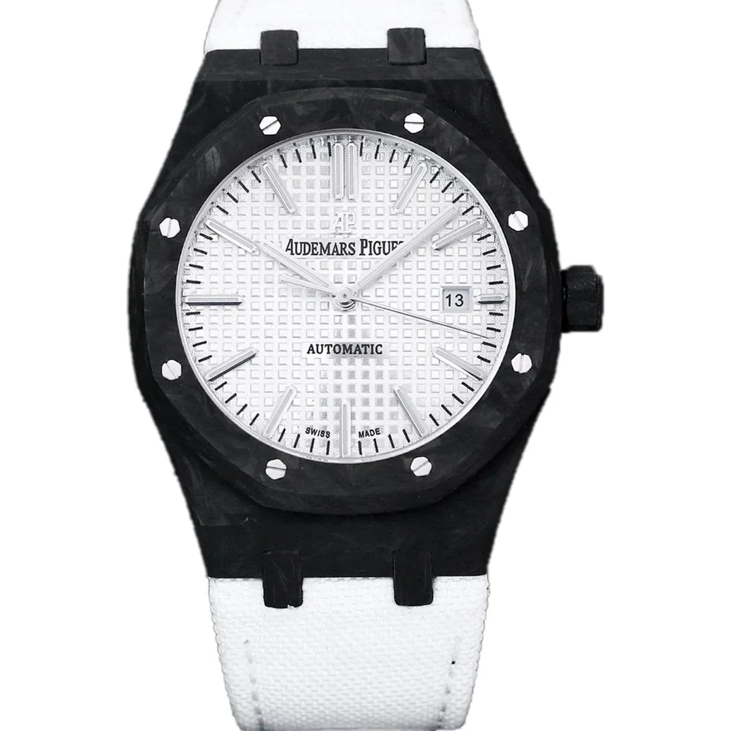 Royal Oak 15400 White Dial in Carbon Fibre on White Nylon Strap