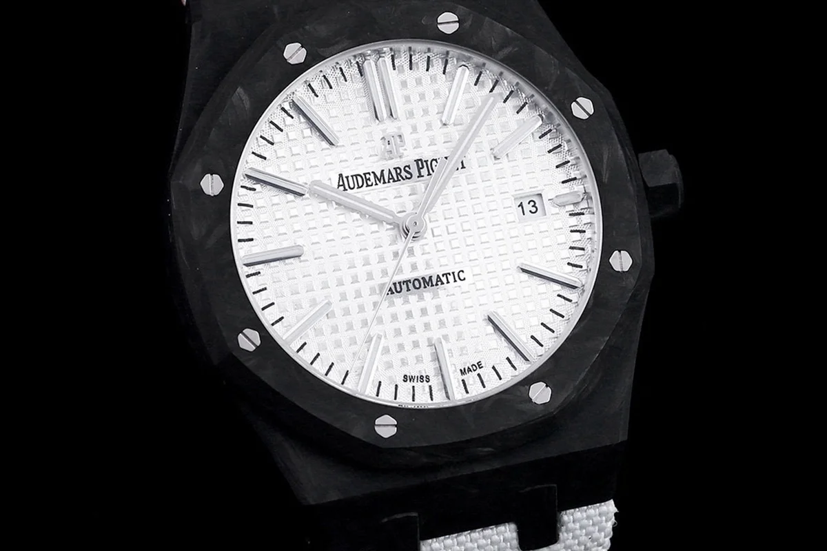 Royal Oak 15400 White Dial in Carbon Fibre on White Nylon Strap