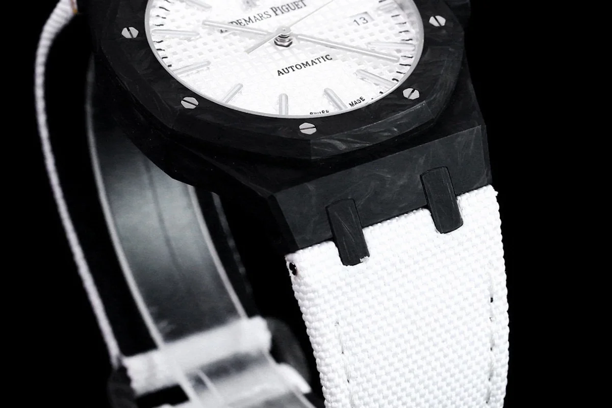 Royal Oak 15400 White Dial in Carbon Fibre on White Nylon Strap