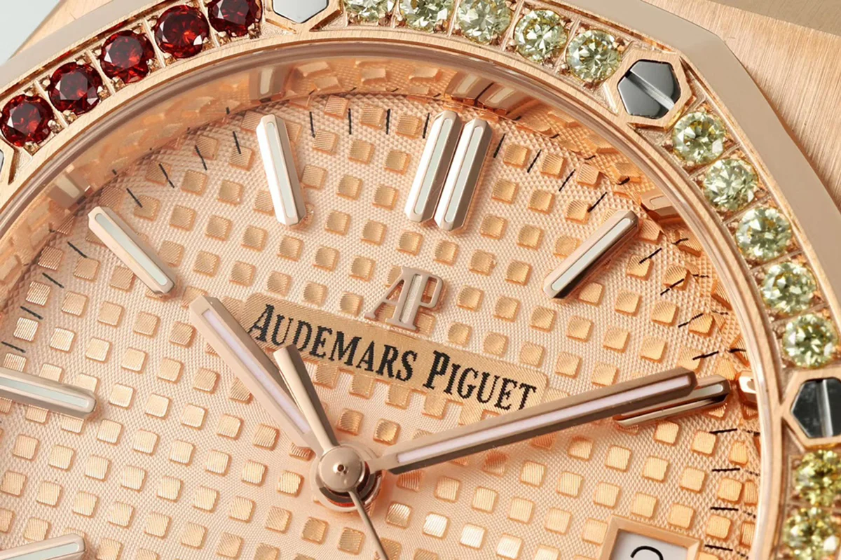 Royal Oak 15450ST 37mm Champagne Dial in Rose Gold with Rainbow Diamond Bezel
