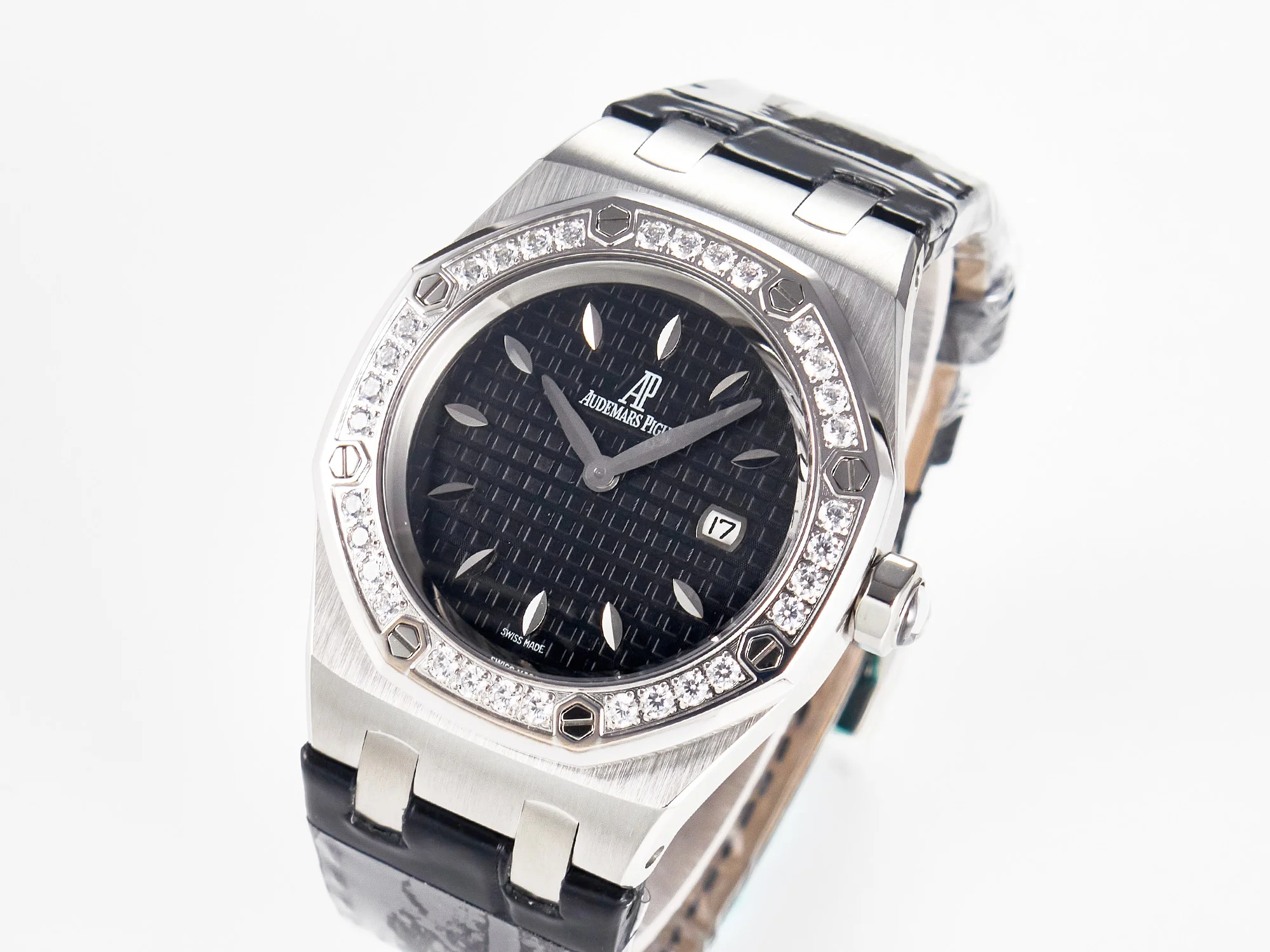 Royal Oak Offshore Ladies 33mm SS DRF Best Edition Black Dial Diamonds Bezel on Black Leather Strap ETA Quartz