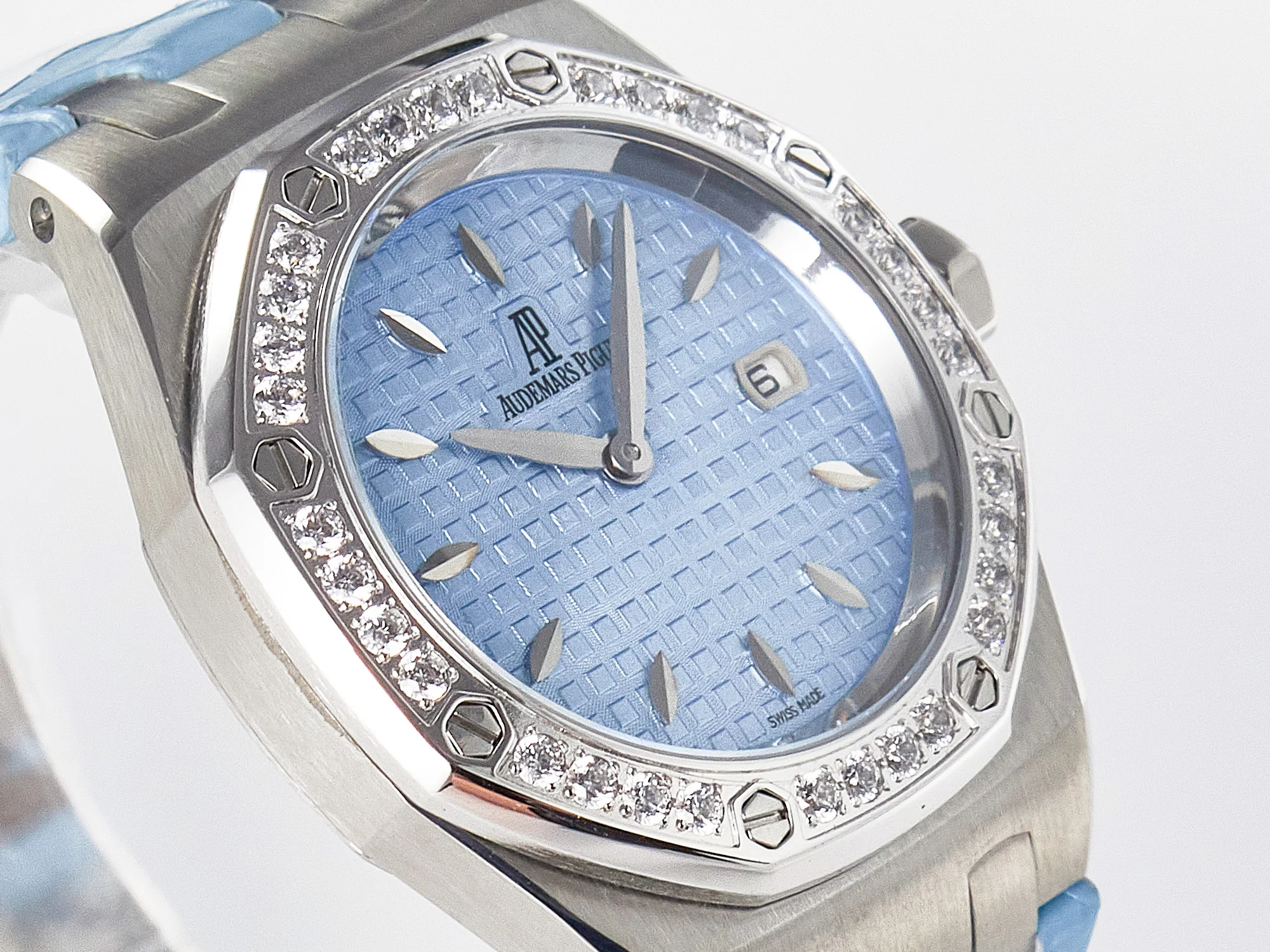 Royal Oak Offshore Ladies 33mm SS DRF Best Edition Blue Dial Diamonds Bezel on Blue Leather Strap ETA Quartz