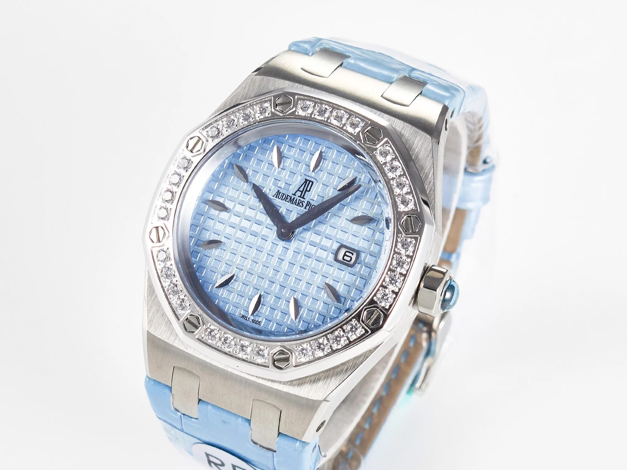 Royal Oak Offshore Ladies 33mm SS DRF Best Edition Blue Dial Diamonds Bezel on Blue Leather Strap ETA Quartz