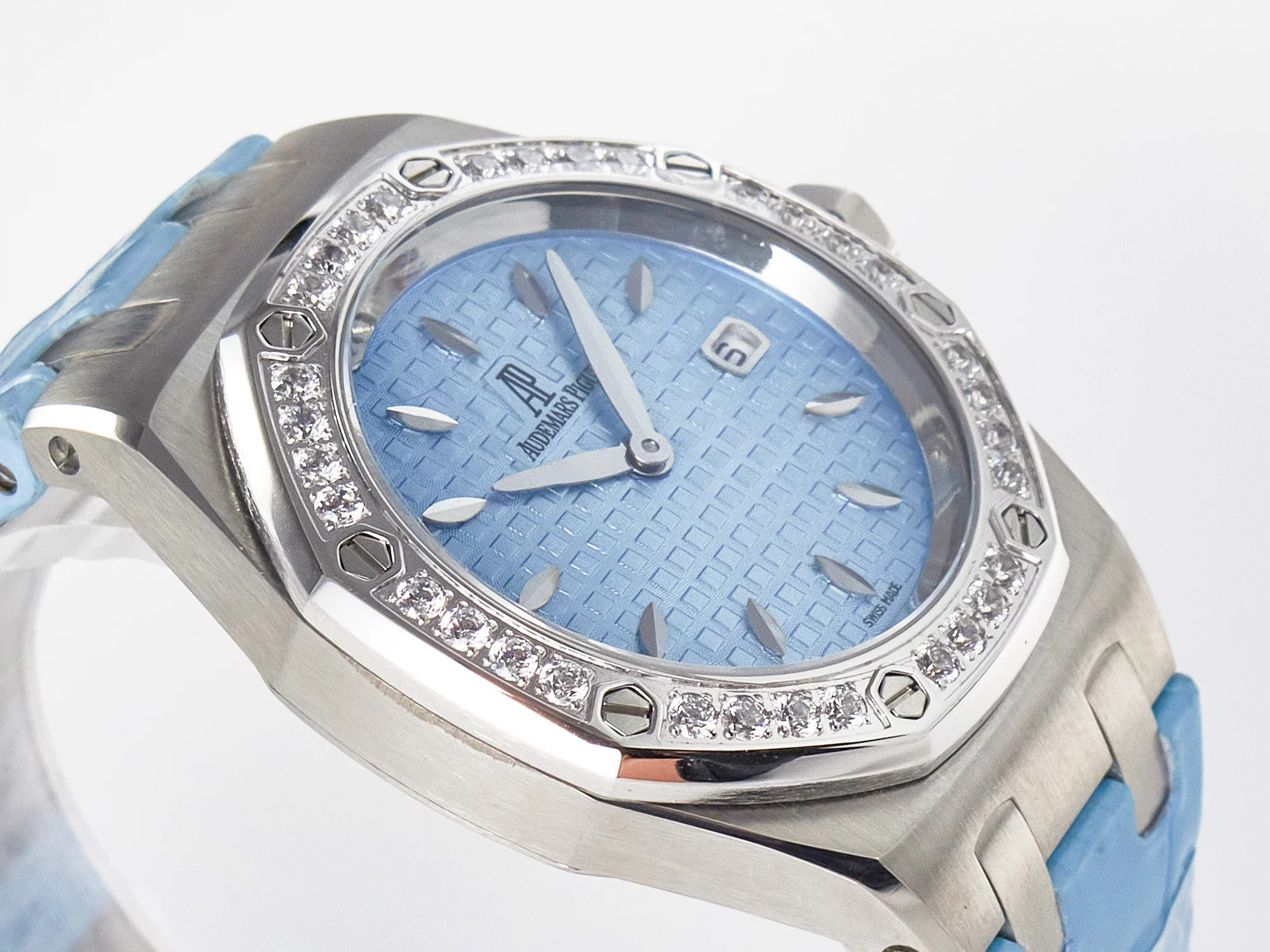 Royal Oak Offshore Ladies 33mm SS DRF Best Edition Blue Dial Diamonds Bezel on Blue Leather Strap ETA Quartz