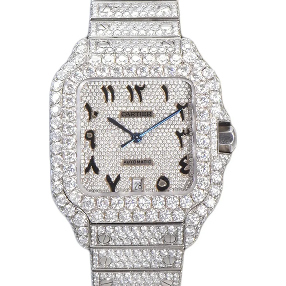 Santos de Cartier 40mm Diamond Paved Dial with Arabic Markers in Steel
