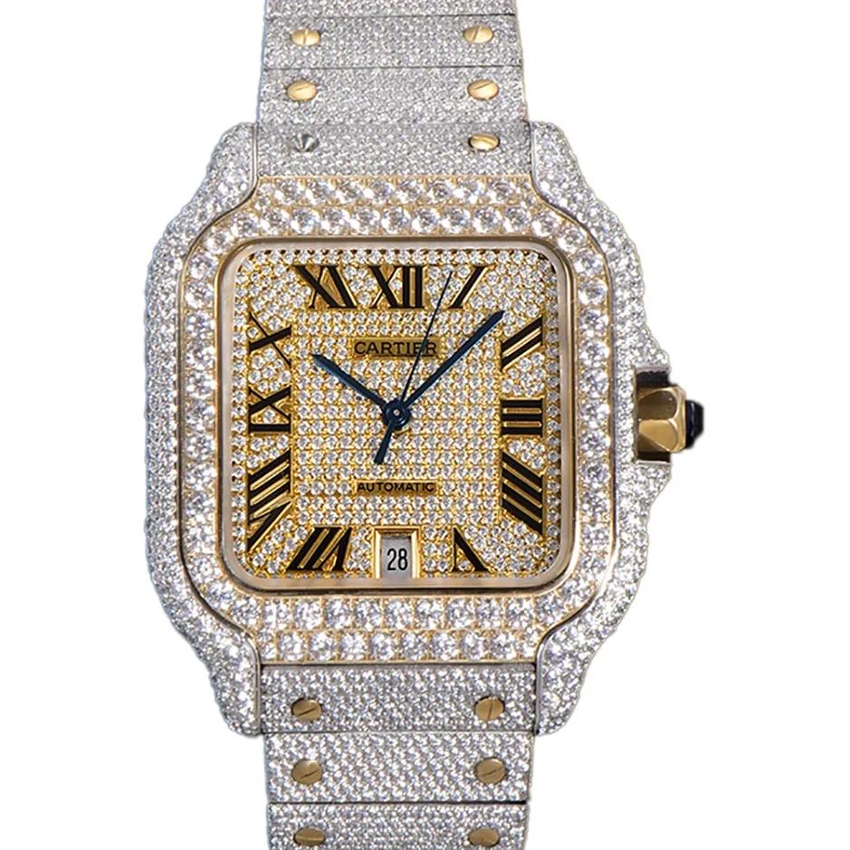 Santos de Cartier 40mm Diamond Paved Dial with Roman Markers in Steel/Yellow Gold