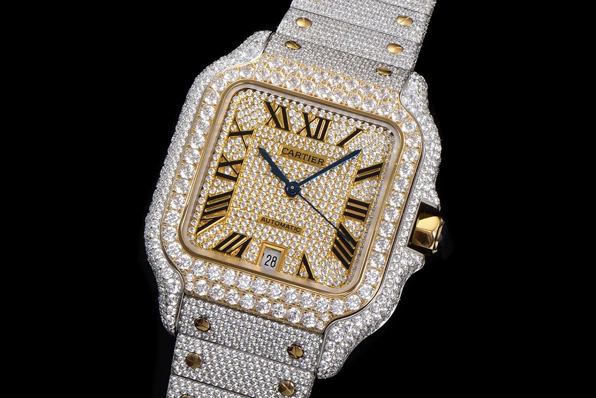 Santos de Cartier 40mm Diamond Paved Dial with Roman Markers in Steel/Yellow Gold