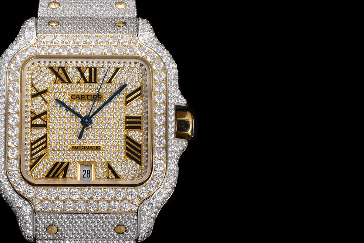 Santos de Cartier 40mm Diamond Paved Dial with Roman Markers in Steel/Yellow Gold