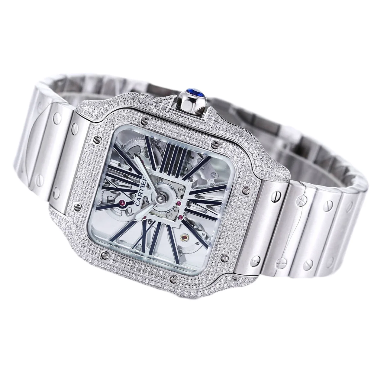 Santos De Cartier Watch Skeleton Dial Black Marker with Diamond Bezel in Steel