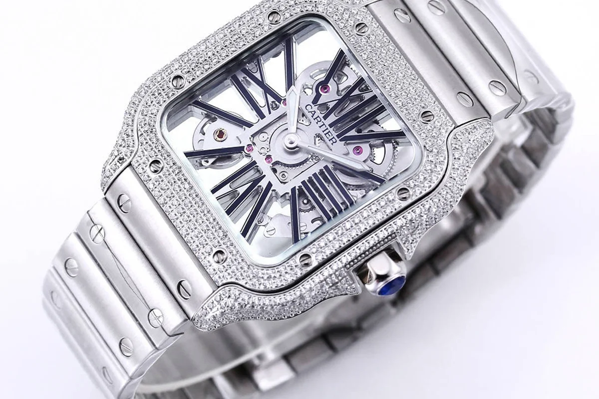 Santos De Cartier Watch Skeleton Dial Black Marker with Diamond Bezel in Steel