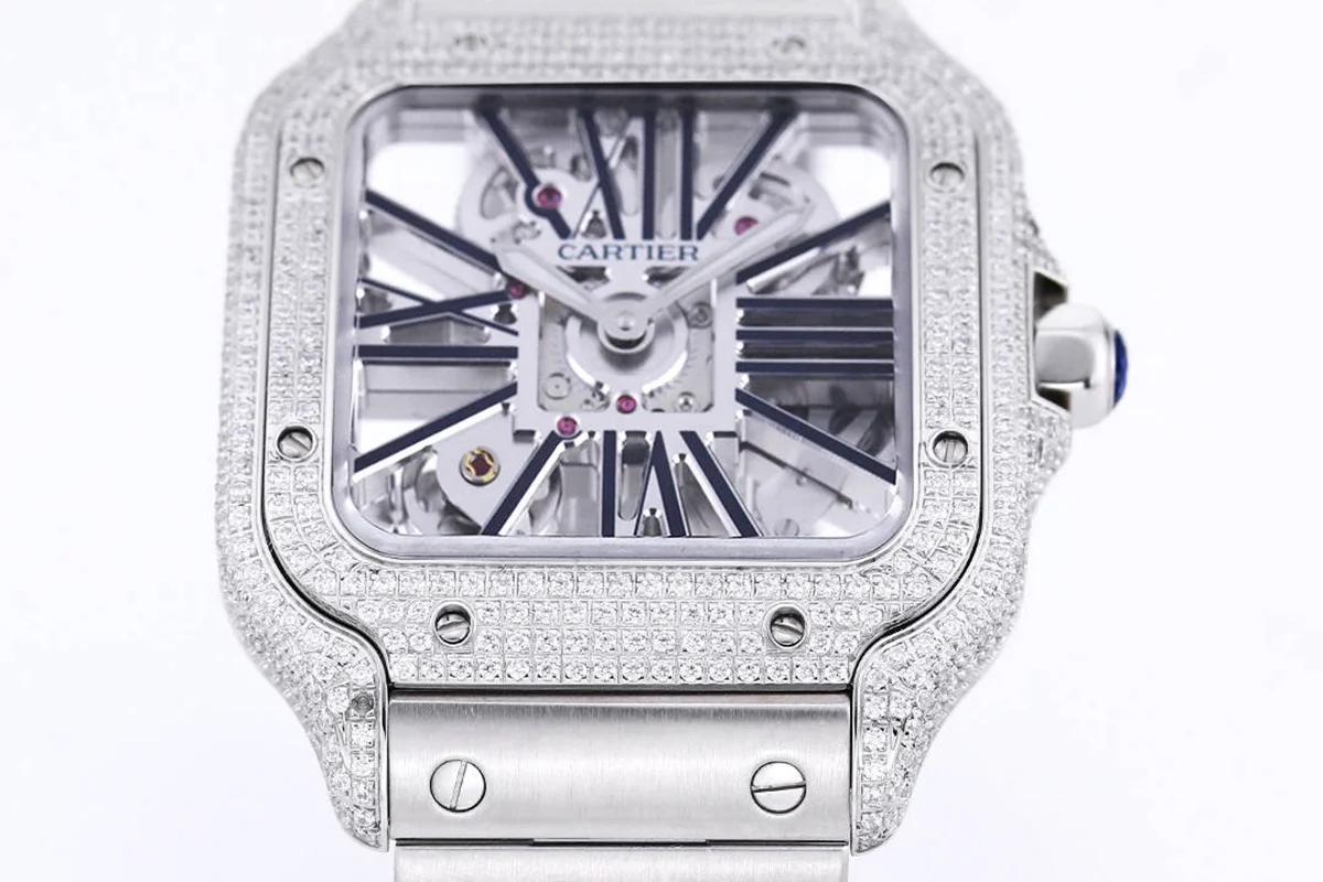 Santos De Cartier Watch Skeleton Dial Black Marker with Diamond Bezel in Steel