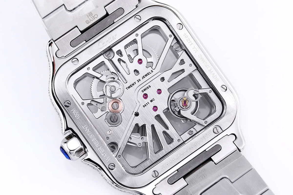 Santos De Cartier Watch Skeleton Dial Black Marker with Diamond Bezel in Steel