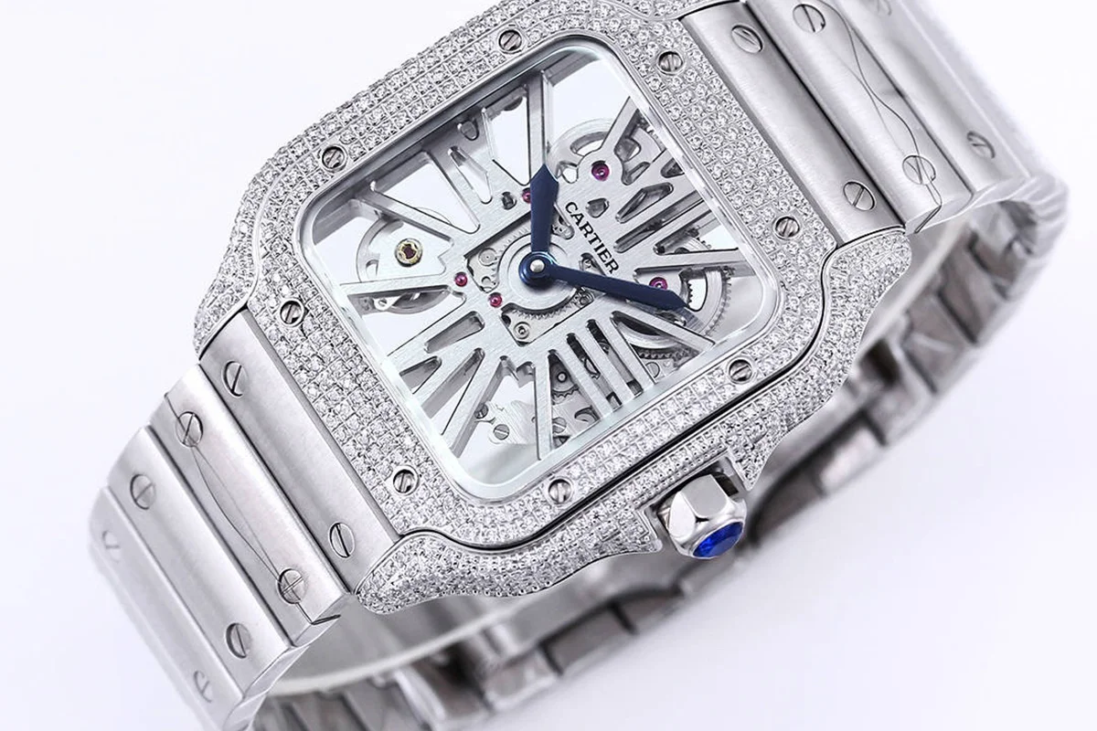 Santos De Cartier Watch Skeleton Dial with Diamond Bezel in Steel