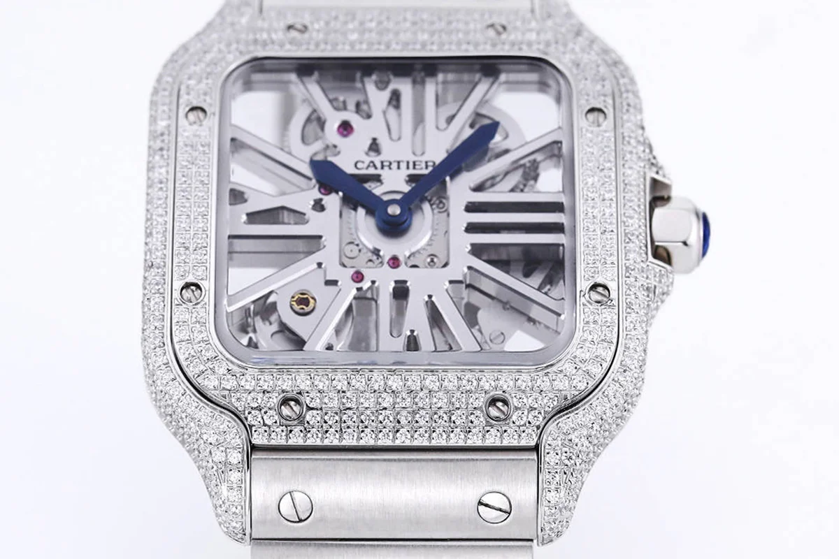 Santos De Cartier Watch Skeleton Dial with Diamond Bezel in Steel