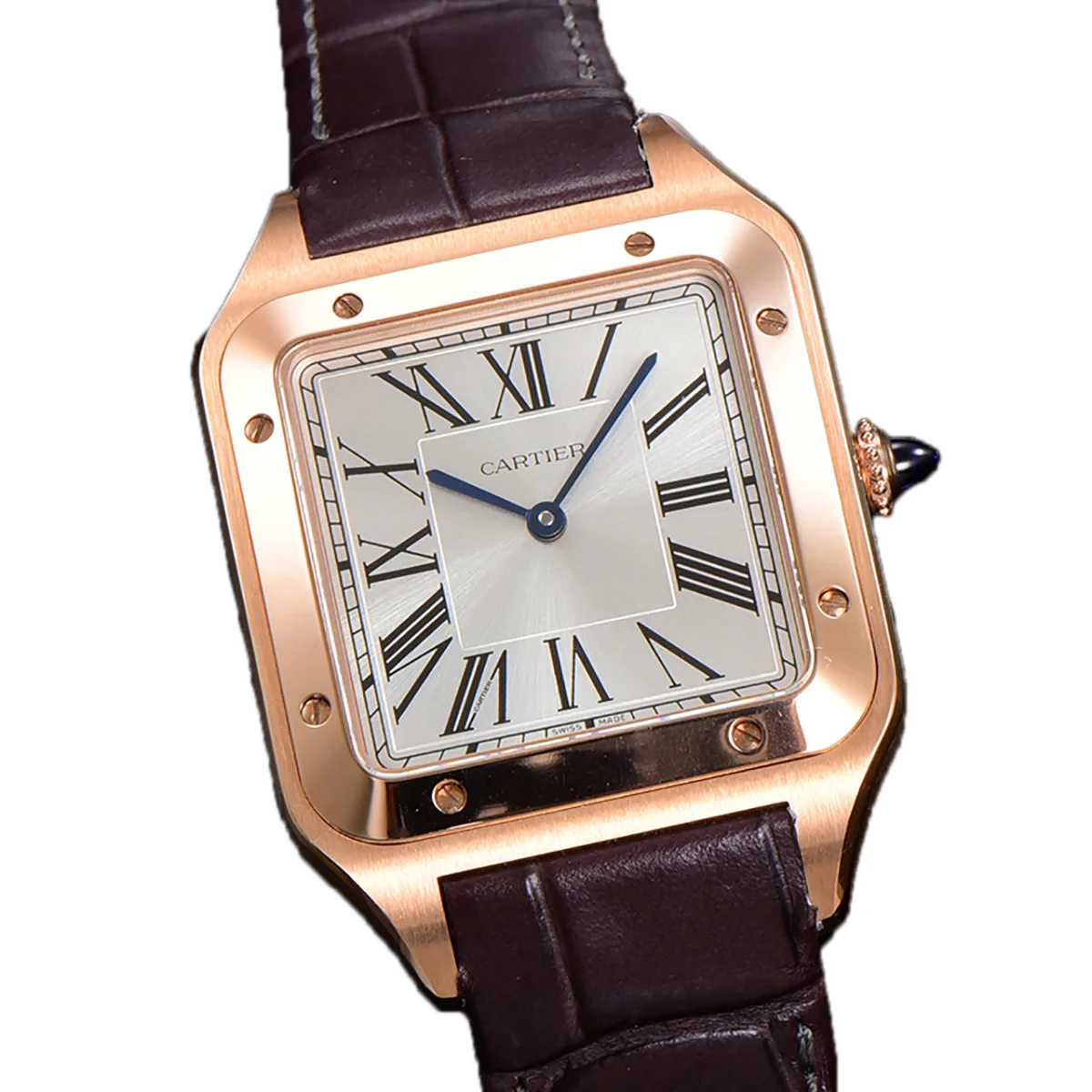 Santos-Dumont (Extra-Large) Silver Dial in Rose Gold on Purple Leather Strap Ref. WGSA0032
