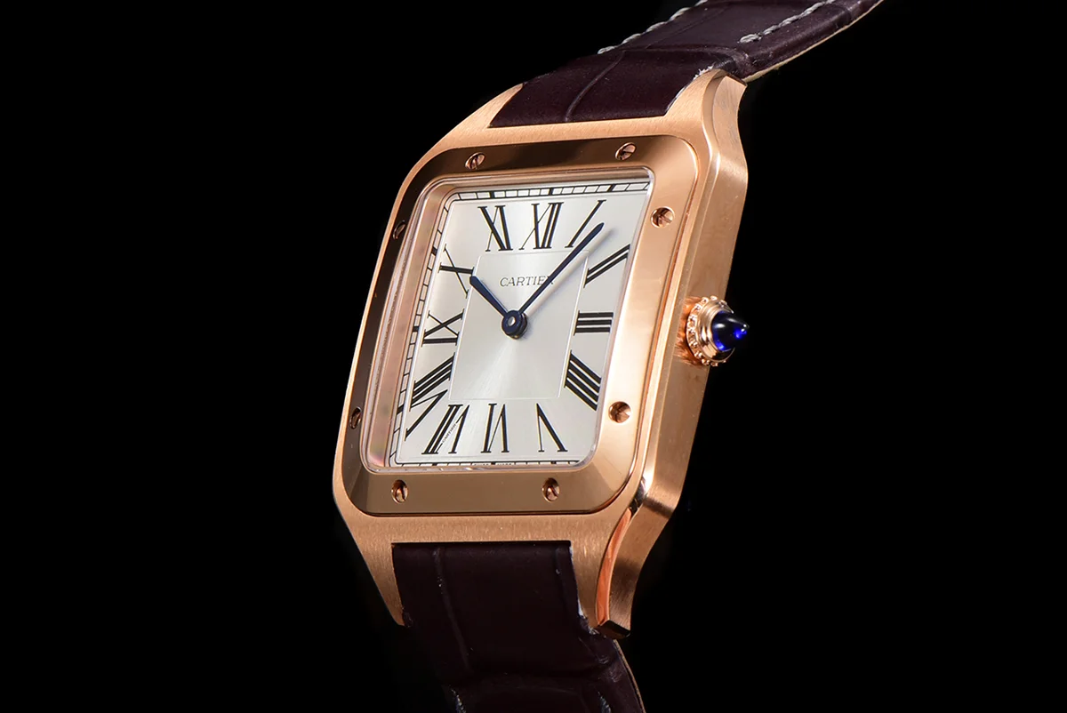 Santos-Dumont (Extra-Large) Silver Dial in Rose Gold on Purple Leather Strap Ref. WGSA0032