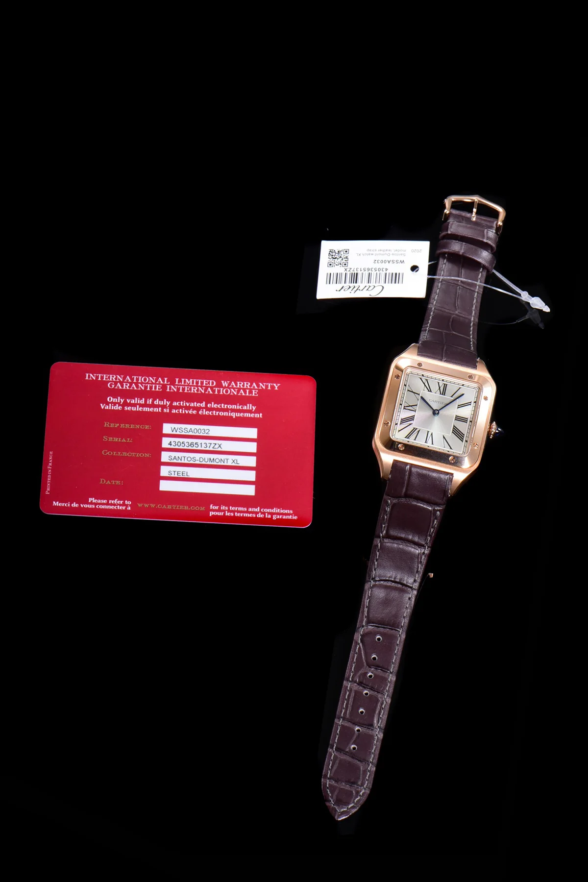 Santos-Dumont (Extra-Large) Silver Dial in Rose Gold on Purple Leather Strap Ref. WGSA0032