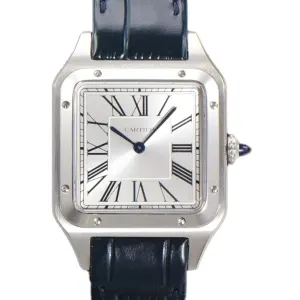 Santos-Dumont (Extra-Large) Silver Dial in Steel on Blue Leather Strap Ref. WSSA0032