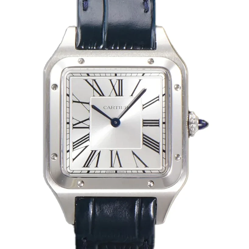 Santos-Dumont (Extra-Large) Silver Dial in Steel on Blue Leather Strap Ref. WSSA0032