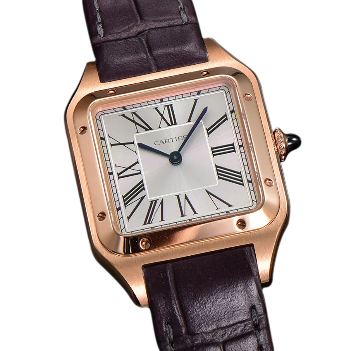 Santos-Dumont (Large) Silver Dial in Rose Gold on Purple Leather Strap Ref. WGSA0021