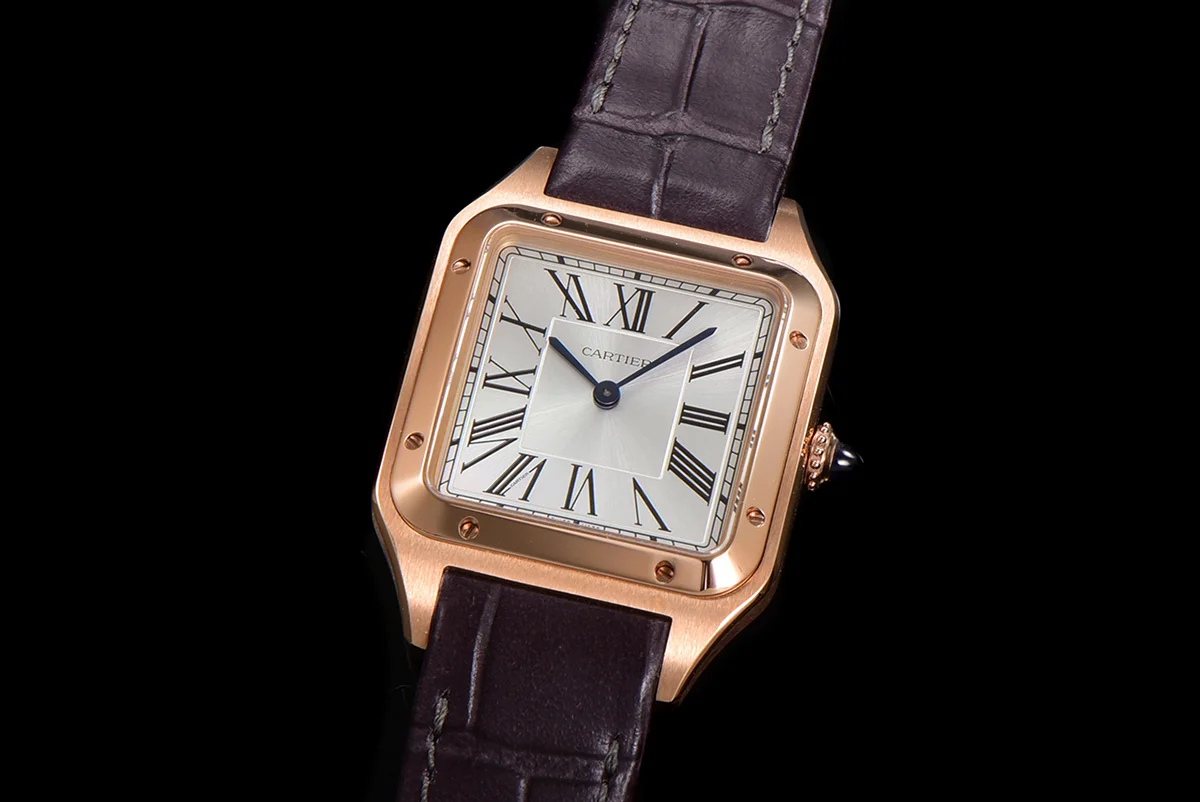 Santos-Dumont (Large) Silver Dial in Rose Gold on Purple Leather Strap Ref. WGSA0021