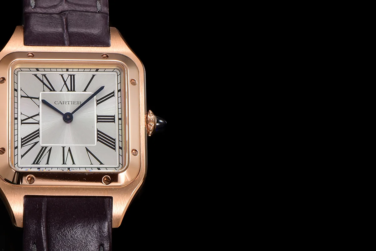 Santos-Dumont (Large) Silver Dial in Rose Gold on Purple Leather Strap Ref. WGSA0021