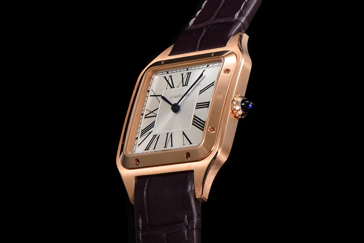 Santos-Dumont (Large) Silver Dial in Rose Gold on Purple Leather Strap Ref. WGSA0021