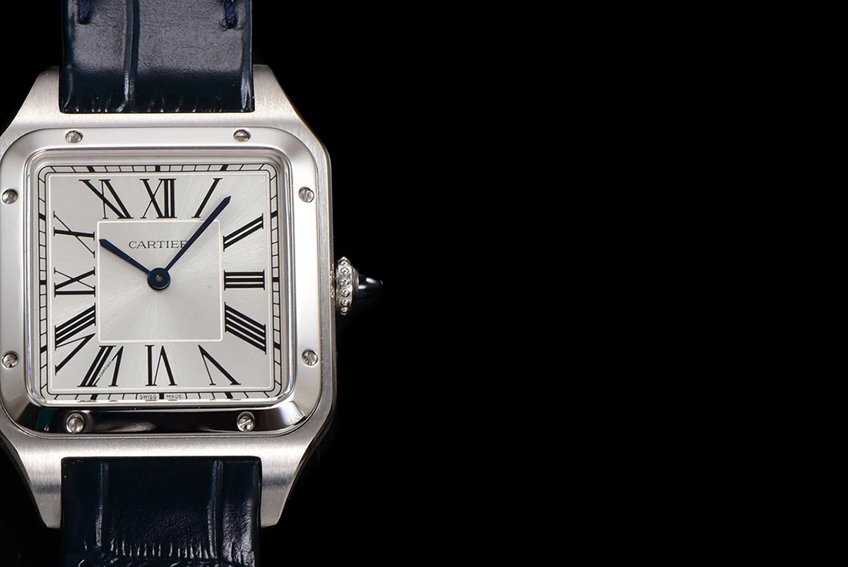 Santos-Dumont (Large) Silver Dial in Steel on Blue Leather Strap Ref. WSSA0022