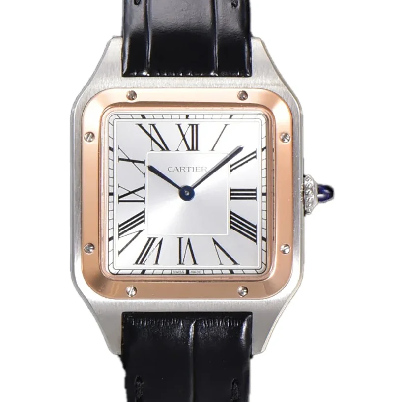 Santos-Dumont (Large) Silver Dial in Steel/Rose Gold on Black Leather Strap Ref. W2SA0011
