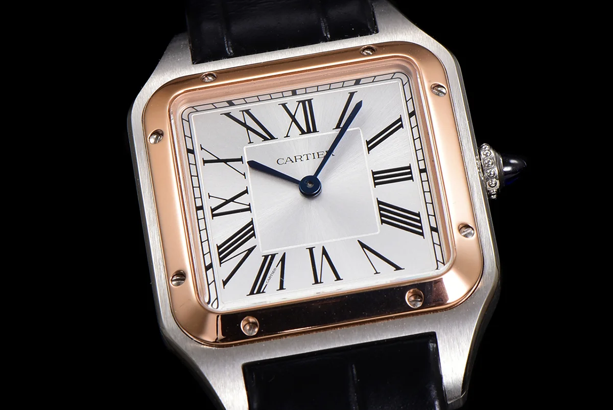 Santos-Dumont (Large) Silver Dial in Steel/Rose Gold on Black Leather Strap Ref. W2SA0011